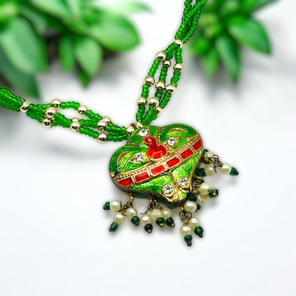 Gorgeous Green Bollywood Style Indian Necklace Handcrafted Enamel Seed Beads - Picture 1 of 16